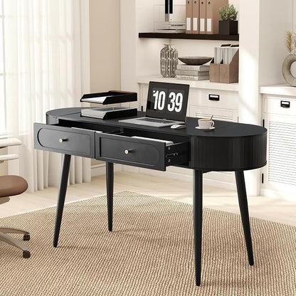 59" Black Home Office Desk, Multiple Storage Wood Writing Desk, MCM Elegant Fluted Table Desk with 2 Flip Hide Storage + 2 Drawer for Apartment (Black)