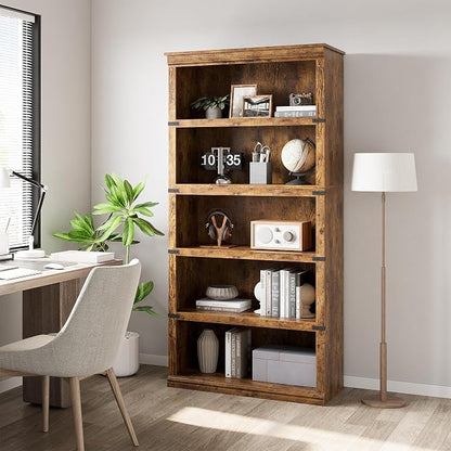 GarveeHome 5 Tier Farmhouse Bookcase, 67.4" Tall Book Shelf with Storage, Wooden Bookshelves 5 Shelf Display Shelvesfor Home Office, Living Room, Bed Room (Vintage, 67.4" H x 31.5" W x 12.8" D)