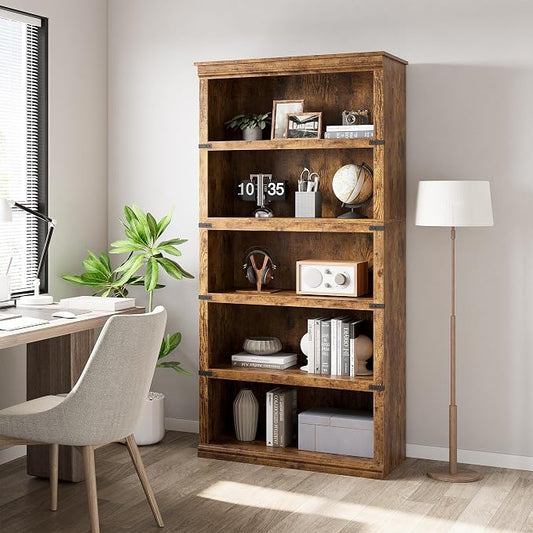 GarveeHome 5 Tier Farmhouse Bookcase, 67.4" Tall Book Shelf with Storage, Wooden Bookshelves 5 Shelf Display Shelvesfor Home Office, Living Room, Bed Room (Vintage, 67.4" H x 31.5" W x 12.8" D)