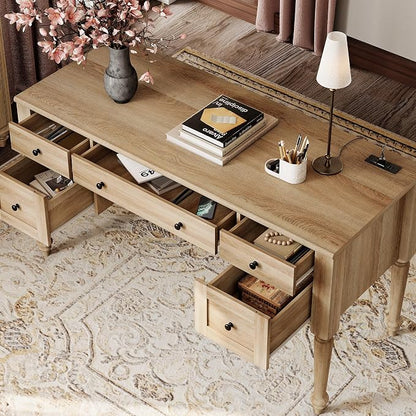 WAMPAT Home Office Furniture Set, 56'' Executive Desk with Charging Station, 2-in-1 Cabinet with 4 Doors and 2 Drawers, Wood Computer Desk with File Cabinet Storage, Open Shelf, Oak