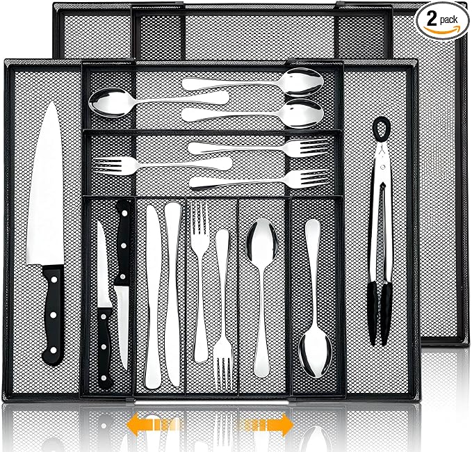 2 Pcs Utensil Drawer Silverware Organizer, Metal Mesh Expandable 13" ~24" Kitchen Drawer Organizer, 7-9 Slots Cutlery Tray Dividers for Kitchen Flatware Christmas Housewarming Gift (Black)