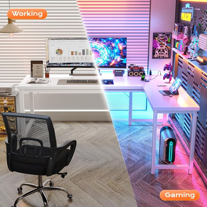 Huuger 63 Inch L Shaped Desk with Power Outlets and USB-C Port, Reversible Computer, Larger Office Corner Gaming Desk, 0.95 Inch Thicker Desktop, Metal Frame, for Home Office, Study, White