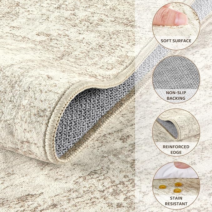 UERMEI 2x6 Washable Runner Rug for Hallway, Non Slip Low Pile Kitchen Carpet, Neutral Modern Abstract Indoor Floor Mat for Entryway Laundry, Kid & Pet Safe High Traffic Area, Beige/Brown