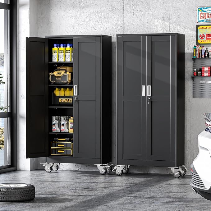 winiowa 71" Tall Metal Garage Storage Cabinet with Wheels, Steel Locking Rolling Tool Cabinet with 4 Adjustable Shelves for Garage,Home,Office (Black)