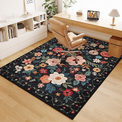 DUKINO 5x7 Area Rug, Floral Design, Lightweight Non Slip Washable, Indoor Low Pile & Non-Shedding Boho Rug for Bedroom, Living Room, Dining Room, Black