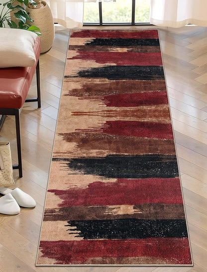 Ciicool 2x6 Washable Runner Rug, Modern Abstract Hallway Rugs Runner, Non-Slip Thin Accent Rug Lightweight Red Black Print Distressed Carpet for Laundry Entryway Bedroom Kitchen Indoor