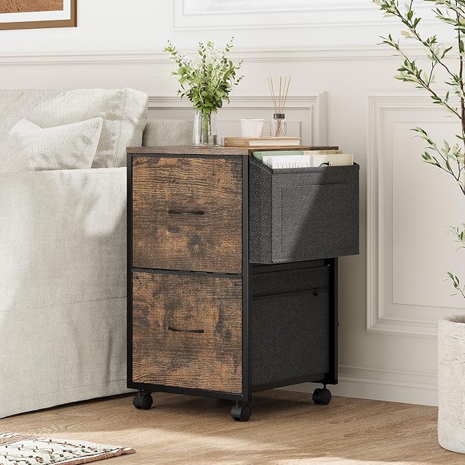 VINGLI 2 Drawer File Cabinet with Side Bag, Rolling Mobile Under Desk with Wheels, Fabric Drawers Printer Stand for Home Office, Fits Letter Size, Rustic Brown