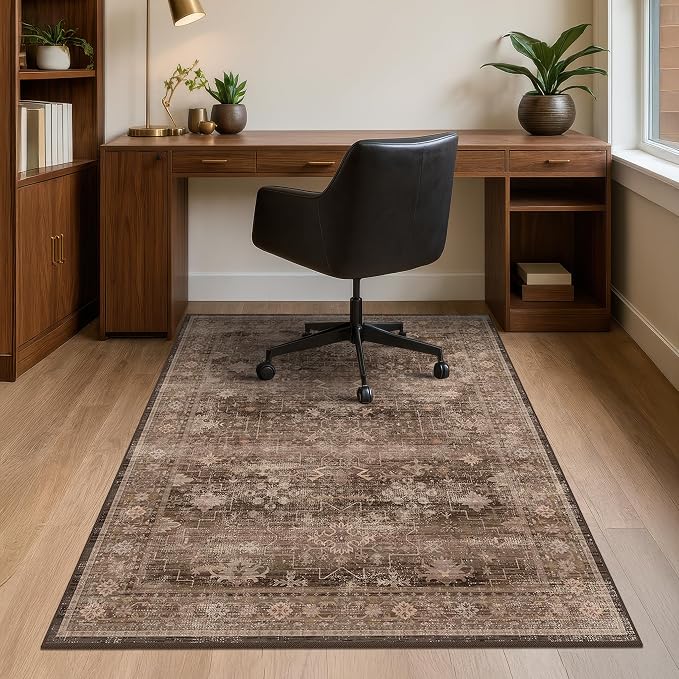 Brown Boho Office Chair Mat for Hard Wood Floors, Anti-Slip Floor Protector for Heavy Duty Computer Chair, 48"x60" Ultra Soft Low Pile Under Desk Rug, Easy to Clean, Taupe