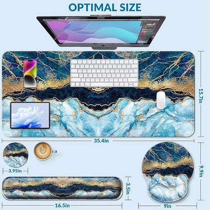 Desk Mat Set + Keyboard and Mouse Pad with Wrist Rest Support,4-in-1 Large Mousepad Computer Mats for Desktop Home & Office-Marble 2