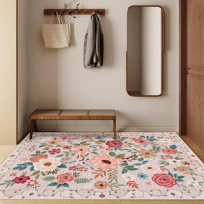 DUKINO 3x5 Area Rug, Floral Rugs for Entryway, Lightweight Non Slip Washable Rug, Indoor Low Pile & Non-Shedding Boho Design Rugs for Bedroom, Living Room, Dining Room, Kitchen, Beige