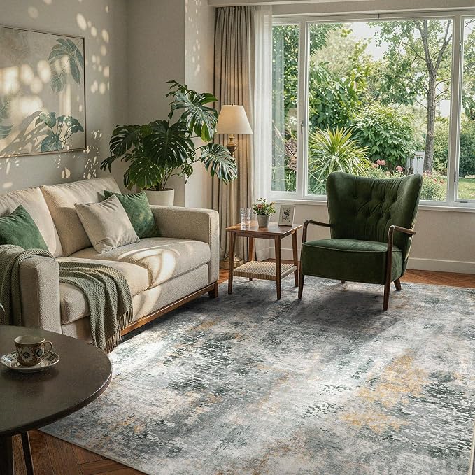 Lahome Washable 5x7 Area Rugs for Living Room, Grey Neutral Modern Abstract Rug for Bedroom Non Slip, Soft Contemporary Low Pile Indoor Carpet for Dorm Guest Dining Room Table Apartment