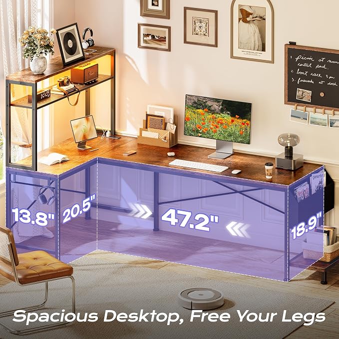 PRAISUN L Shaped Gaming Desk with LED Lights & Power Outlets, Reversible Computer Desk with Storage Shelves & Bag, Large Corner Home Office Desk with Pegboard for Work from Home, Rustic Brown