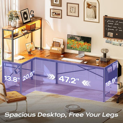 PRAISUN L Shaped Gaming Desk with LED Lights & Power Outlets, Reversible Computer Desk with Storage Shelves & Bag, Large Corner Home Office Desk with Pegboard for Work from Home, Rustic Brown