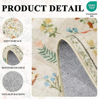 DUKINO 6x9 Rug, Washable Animal Living Room Rug with Non Slip Vintage Design, Soft Low Pile Large Carpet for Bedroom, Nursery, Dining Room, Farmhouse, Playroom, White