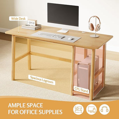 NELYE Solid Wood Computer Desk - 52" W x 24" D Modern Minimalist Table with Shelf，Sturdy Computer Workstation for Home Office, Oak