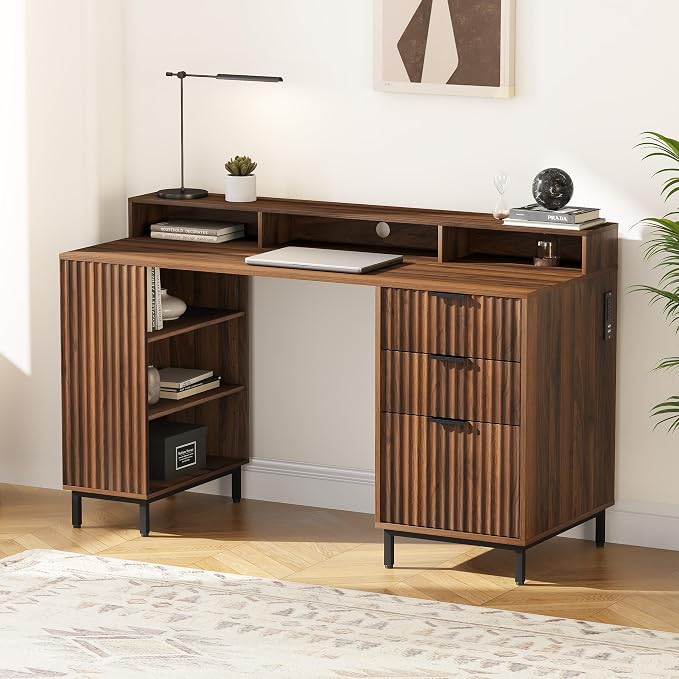 EYYTHUNG Brown Fluted Executive Desk with Storage Shelf & File Drawer, 55" Modern Wood Office Desk with Monitor Stand & Charging Station, Home Writing Computer Table for Work Study