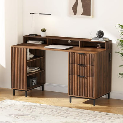 EYYTHUNG Brown Fluted Executive Desk with Storage Shelf & File Drawer, 55" Modern Wood Office Desk with Monitor Stand & Charging Station, Home Writing Computer Table for Work Study