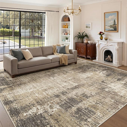 Valenrug Washable Rugs 6x9 - Ultra Thin Stain Resistant 6x9 Rugs for Living Room, Non Slip Backing 0.25" Low Pile Abstract Rugs for Bedroom, Folable Machine Washable Area Rug(6'x9', Taupe)