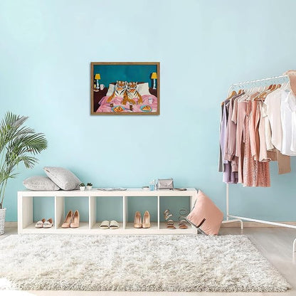 Framed Tiger Pizza Wall Art, Dopamine Wall Decor Canvas Print, Vintage Fun Tiger Eating Pizza in Bed Poster, Abstract Animal Picture Painting Art for Bedroom Living Room Home Decor 12x16 inch