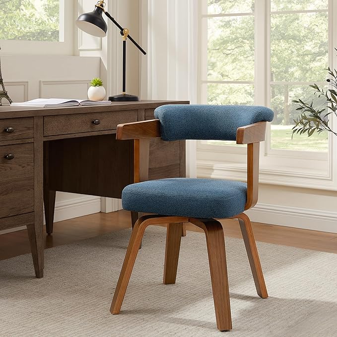 Art Leon Office Chair No Wheels - Mid Century Modern Desk Chair, Fabric Upholstered Accent Arm Chair with Wood Legs for Small Spaces Home Office Living Room Bedroom Study, Off White/Walnut