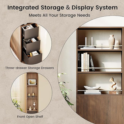 ModernMate Furniture Set, 70.8'' Executive Standing Desk with 71'' Tall Bookcase, AC/USB, File Cabinet, Double-Sided Narrow Display Shelves, Home Office Wood Storage Furniture, Black Walnut