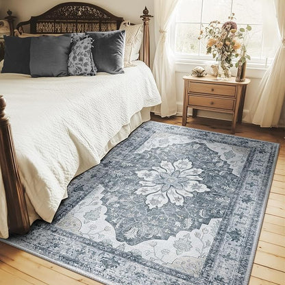 RELEANY Area Rugs 5'x7' Washable Non-Slip, Floral Vintage Distress Medallion Carpet for Living Room Bedroom Dining Room, Light Gray Grey White