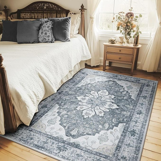 RELEANY Area Rugs 5'x7' Washable Non-Slip, Floral Vintage Distress Medallion Carpet for Living Room Bedroom Dining Room, Light Gray Grey White