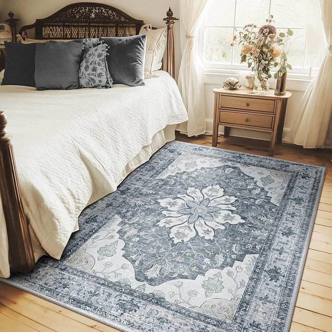 RELEANY Area Rugs 4'x5' Washable Non-Slip, Floral Vintage Distress Medallion Carpet for Living Room Bedroom Dining Room, Light Gray Grey White
