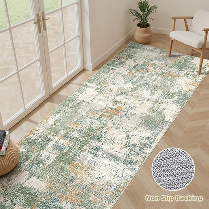 Runner Rug Kitchen Washable Rugs: 2x10 Non-Slip Abstract Soft Modern Stain Resistant Indoor Floor Neutral Accent Throw Carpet for Hallway Bathroom Laundry Room Entryway Bedroom- Green