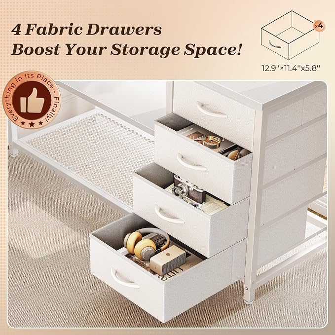 PRAISUN 61" L Shaped Desk with Power Outlets & USB-C Port, Reversible Computer Corner Office Desk with 4 Fabric Drawers and 2 Storage Shelves, Large Desk for Gaming Writing Study, White