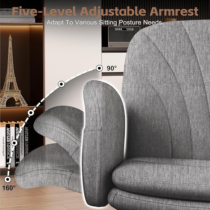 Vonesse Criss Cross Office Chair with Wheels & Armrests, Height Adjustable Vanity Chair, Makeup Chairs with Side Pockets Design, Comfortable Computer Desk Chairs for Home (Linen Fabric,Gray)