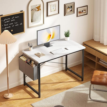OLIXIS Computer Desk, 44 Inch Home Office Desks for Small Spaces, Writing Craft Study Gaming Table for Bedroom, Modern Computer Workstation with Storage Bag, White