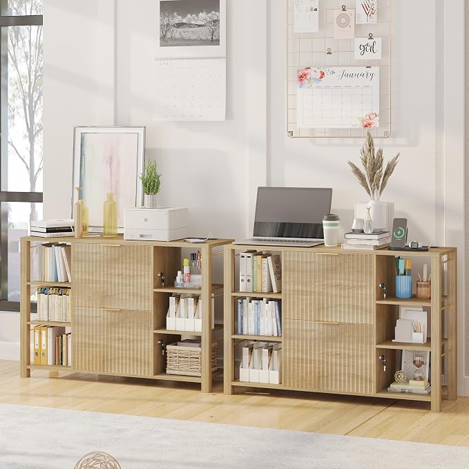 File Cabinet for Home Office, Fluted Filing Cabinet with Charging Station, 2 Drawers Fit Letter/Legal/A4 with Tabs, Printer Stand with Lock & 2 Power Outlets, 6 Shelves (2, Oak)
