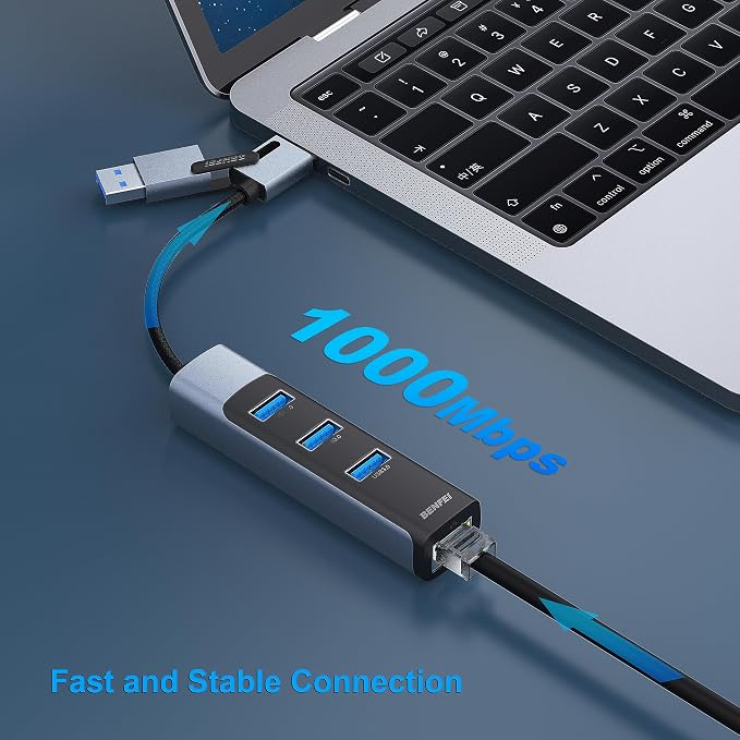 BENFEI 4in1 USB-C/USB 3.0 to Ethernet Adapter with 3*USB 3.0 Ports Compatible for iPhone 15 Series, MacBook Pro/Air 2023/2022/2021/2020/2019 and More