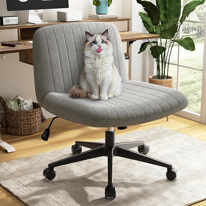 SUNLEI Cross Legged Office Chair with Wheels, Armless Wide Chair's for Vanity Desk, Criss Cross Comfy Chairs with Back, Desk Chair/s of Height Adjustable Swivel, Grey