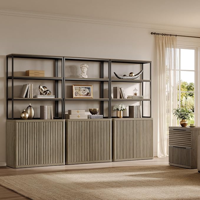 SICOTAS Book Shelf Fluted Bookshelf 71" Tall Bookcase with Doors Storage 5 Tier Mid Century Modern Bookshelves Large Shelves Metal Book Cases for Living Room Office Kitchen Library