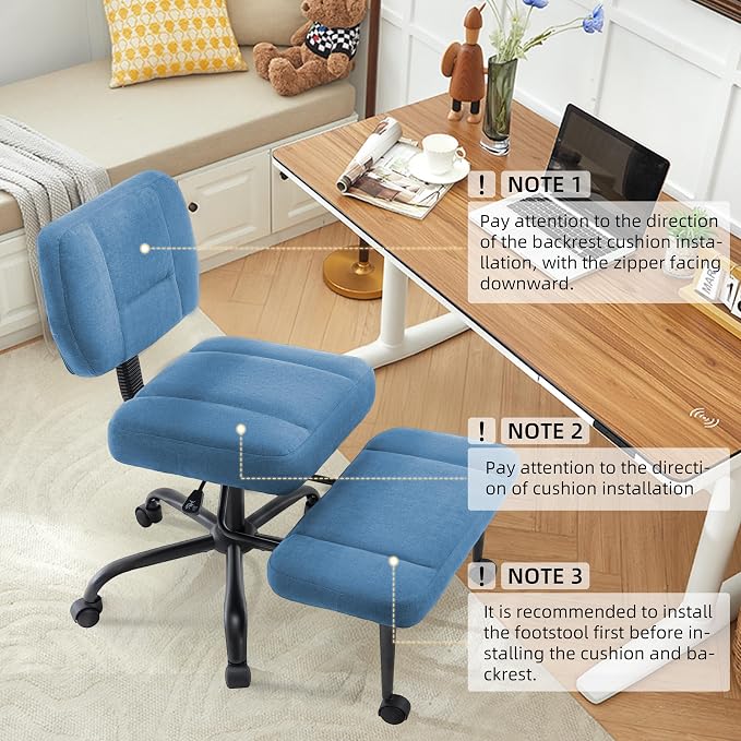 Criss Cross Legged Office Chair with Wheels,Swivel Meditation Chair for ADHD,Ergonomic Desk Chair with Thicken Adjustable Footstool,Fabric Sitting Fidgeting Kneeling Chair for Home Yoga Blue