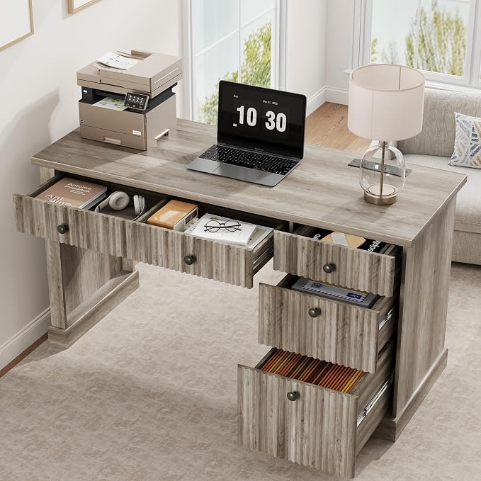 IDEALHOUSE 54" Executive Desk with Fluted Wave Board Design, Home Office Computer Desk with 3 Drawers and Storage Cabinet, Built-in USB Ports & Power Outlets, Modern Writing Table for Bedroom Gray