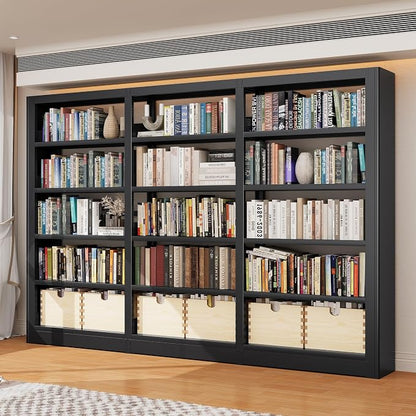 Bookshelf,5-Tier Industrial Book Shelf, White Bookcases and Bookshelves,Tall Book Shelf Storage Organizer,Freestanding for Living Room, Bedroom,Home Office,Metal (Black, Bookshelf-3)