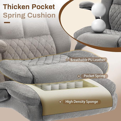 Massage Office Chair, 500LBS Ergonomic Rocking Executive Desk Chairs with 4 Points Vibration&Heat,Padded Flip-up Armrests for Big and Tall Office Chair,Swivel Computer Chair Thicken Back,Fabric Grey