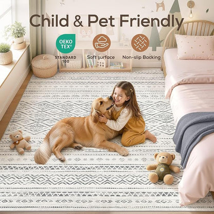 Nakagishi Area Rug Living Room Rugs: 9x12 Large Soft Machine Washable Boho Moroccan FarmNeutral Stain Resistant Indoor Floor Carpet for Bedroom Under Dining Table Home Office Decor-Grey