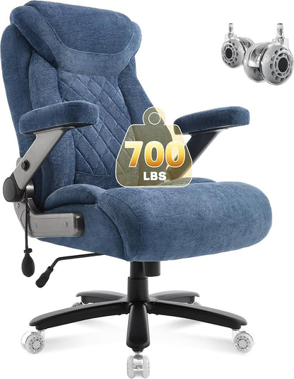 Fabric 700lbs Big and Tall Office Chair, Ergonomic Heavy Duty Executive Cloth Office Chair with 5D Flip Arms & Adjustable Lumbar Support & Dual Rubber Wheel, Large Thick Padded Extra Wide Seat, Blue
