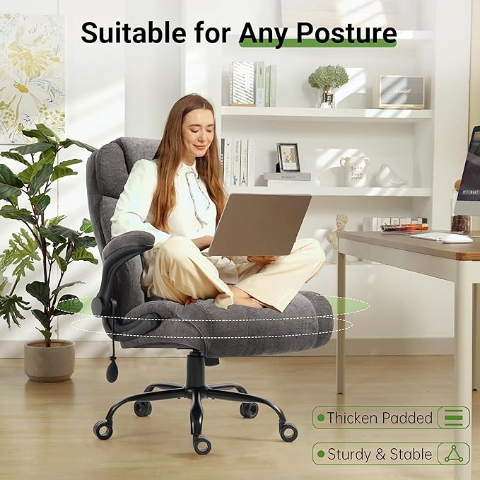 Office Chair, Big and Tall Executive Chairs with Lumbar Support for Back Pain, Breathable Fabric Desk Computer Chair with Adjustable Flip-up Armrests,Wide Cushion Swivel Home Office Chair Black,Grey