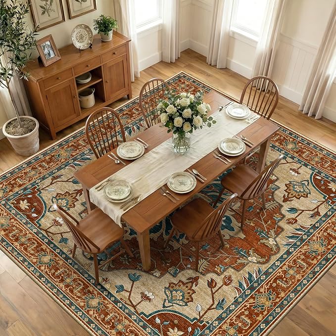 RELEANY Area Rugs Square 10ft Washable Non-Slip, Floral Vintage Distress Medallion Carpet for Living Room Bedroom Dining Room, Red Orange Blue Brown