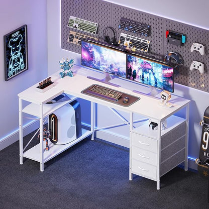 Huuger L Shaped Office Desk with Power Outlets, 47 Inch Computer Desk with 3 Drawers, Shelves, for Gaming, Corner Work, Home Office, Study, White