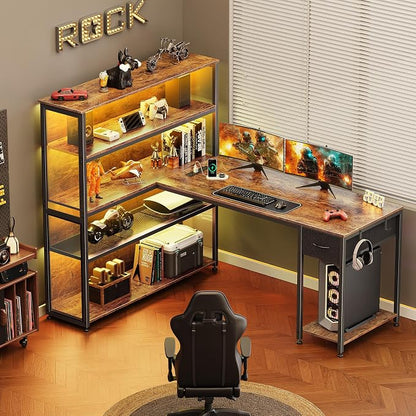PRAISUN 57 Inch L Shaped Gaming Computer Desk with Larger Open Cabinet, Reverisble Office Desk with Power Outlets, LED Lights, Work Desk, Fabric Drawer, Adjustable Wood and Mesh Shelf, Rustic Brown