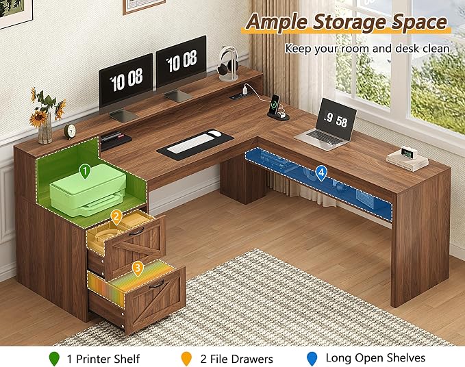 YOMILUVE Farmhouse 63" L Shaped Desk with Drawers, Home Office Desks with Storage Shelves and Printer Stand, Corner Computer Desk with Power Outlets and Monitor Stand, Brown