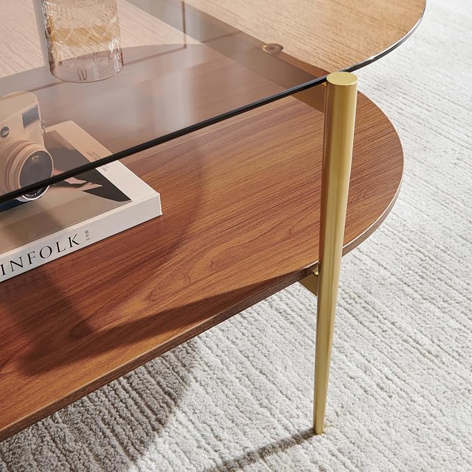 LumFurn X-Large Oval Glass Coffee Table, Mid-Century Modern Design, L47 x W24 x H17 inch, for Living Room, Amber Glass Top and Walnut Finish Wood Shelf, Conical Legs with Gold Finish Frame