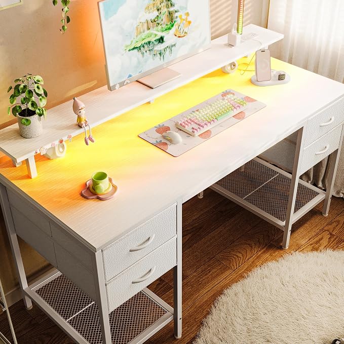 Huuger 55 inch Computer Desk with 4 Drawers, Gaming Desk with LED Lights & Power Outlets, Home Office Desk with Large Storage Space for Bedroom, Work from Home, White