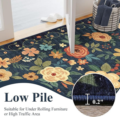 DUKINO 3x8 Runner Rug, Washable Rug for Kitchen with Non Slip Backing, Soft Non Shedding & Low Pile Design Long Floor Carpet Runner for Hallway, Bathroom, Entryway, Laundry, Navy Blue